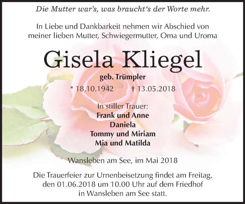  Traueranzeige für Gisela Kliegel vom 19.05.2018 aus Mitteldeutsche Zeitung