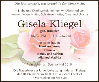 Traueranzeige von Gisela Kliegel von Super Sonntag SGH Mansf. Land