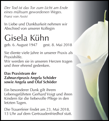 Traueranzeige von Gisela Kühn von Mitteldeutsche Zeitung Halle/Saalkreis