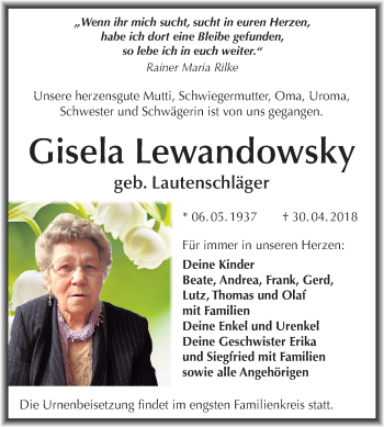 Traueranzeige von Gisela Lewandowsky von Mitteldeutsche Zeitung Halle/Saalkreis