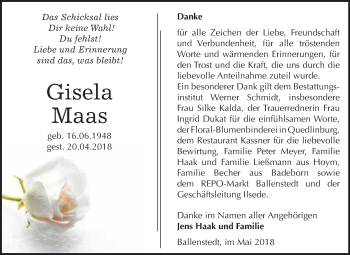 Traueranzeige von Gisela Maas von WVG - Wochenspiegel Quedlinburg