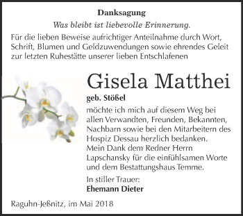 Traueranzeige von Gisela Matthei von WVG - Wochenspiegel Bitterfeld