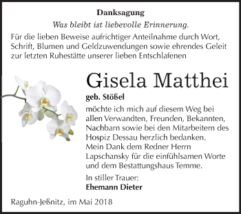 Traueranzeige von Gisela Matthei von Mitteldeutsche Zeitung Bitterfeld