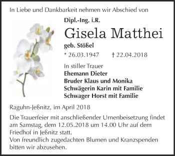 Traueranzeige von Gisela Matthei von WVG - Wochenspiegel Bitterfeld