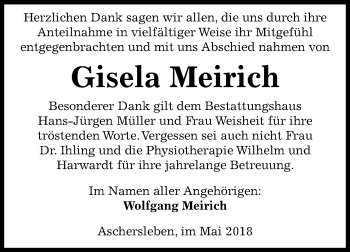 Traueranzeige von Gisela Margarete Meirich von Mitteldeutsche Zeitung Aschersleben