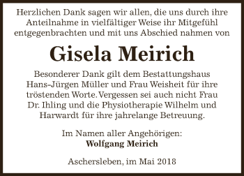 Traueranzeige von Gisela Margarete Meirich von Super Sonntag Aschersleben