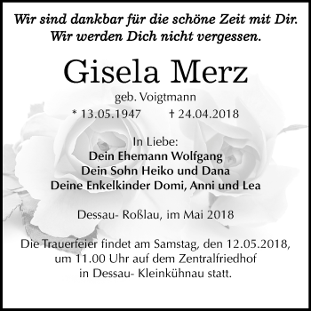 Traueranzeige von Gisela Merz von Mitteldeutsche Zeitung Dessau-Roßlau