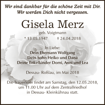 Traueranzeige von Gisela Merz von WVG - Wochenspiegel Dessau / Köthen