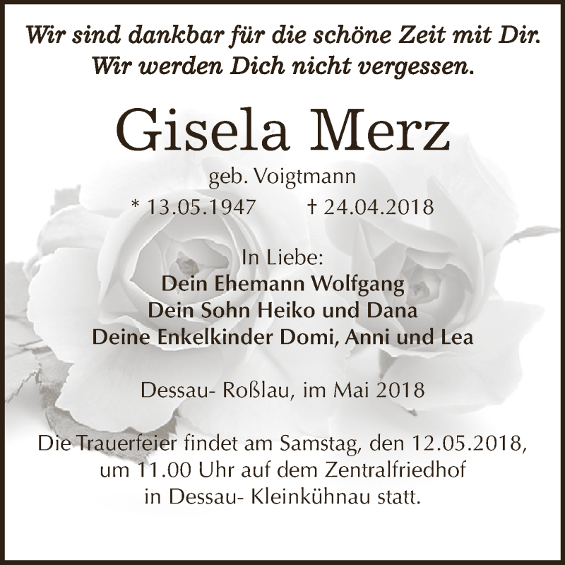  Traueranzeige für Gisela Merz vom 05.05.2018 aus WVG - Wochenspiegel Dessau / Köthen