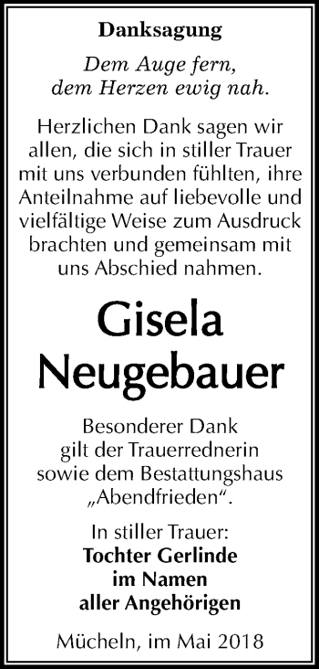 Traueranzeige von Gisela Neugebauer von Mitteldeutsche Zeitung Merseburg/Querfurt