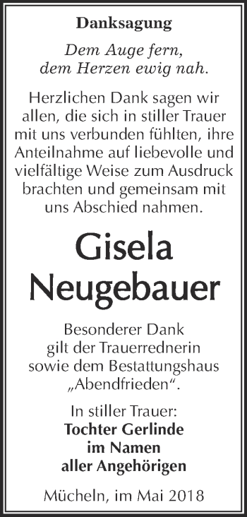 Traueranzeige von Gisela Neugebauer von WVG - Wochenspiegel Merseburg