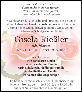 Traueranzeige von Gisela Rießler von Mitteldeutsche Zeitung Sangerhausen