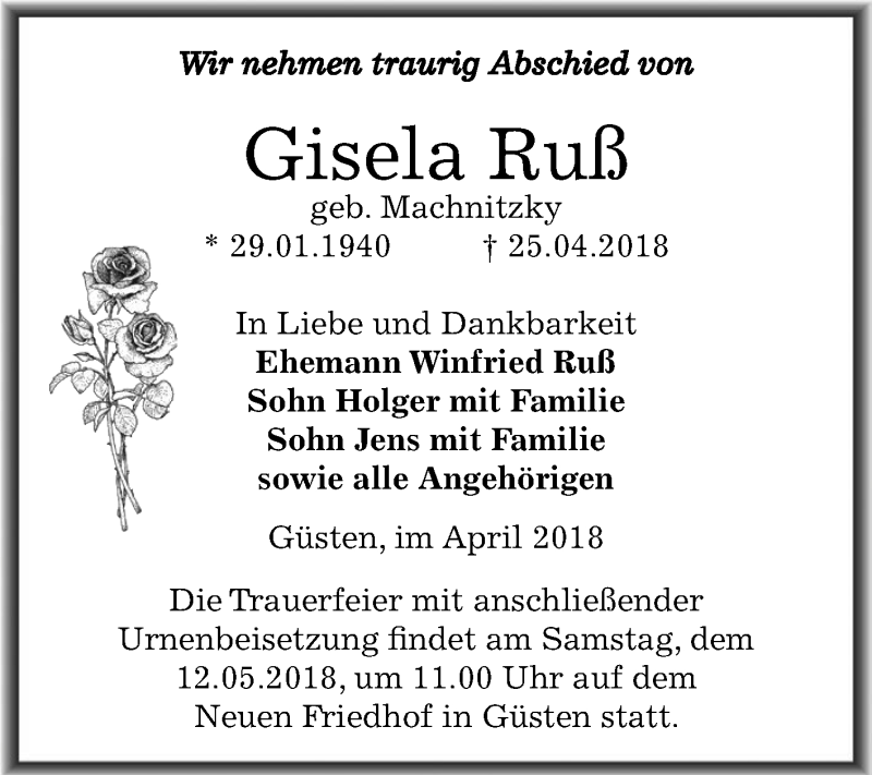  Traueranzeige für Gisela Ruß vom 05.05.2018 aus Mitteldeutsche Zeitung Bernburg