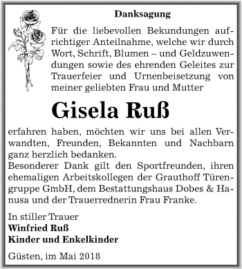 Traueranzeige von Gisela Ruß von Mitteldeutsche Zeitung Aschersleben