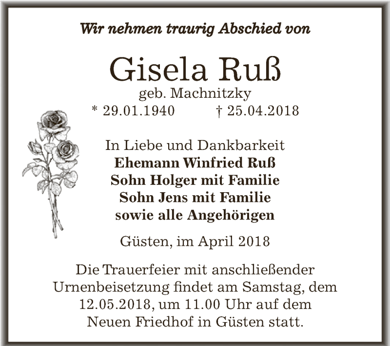 Traueranzeige für Gisela Ruß vom 05.05.2018 aus Super Sonntag Bernburg