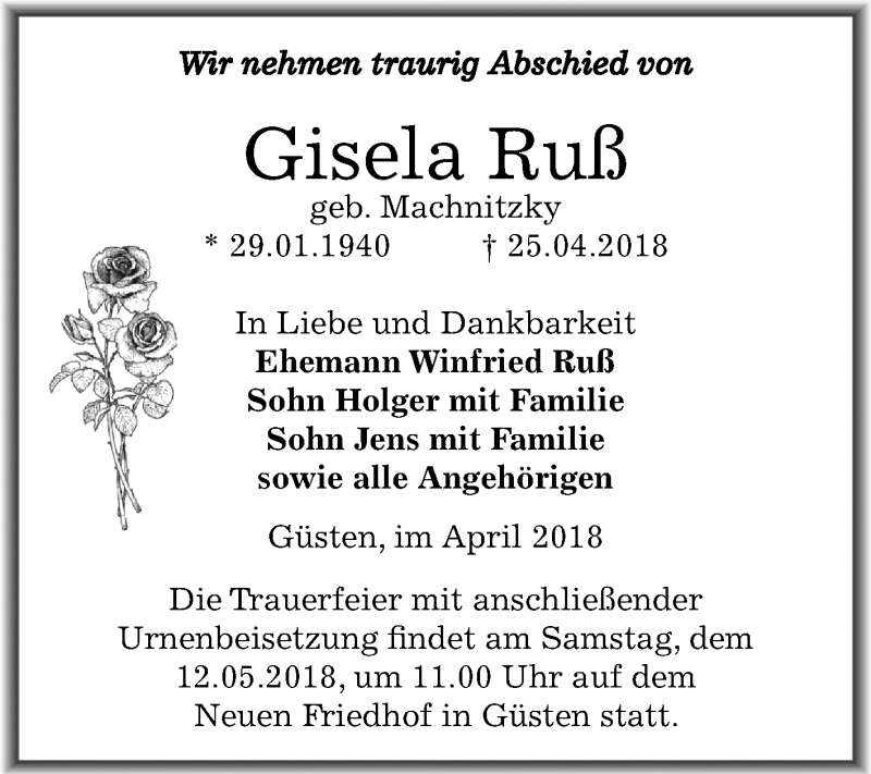  Traueranzeige für Gisela Ruß vom 05.05.2018 aus Mitteldeutsche Zeitung Aschersleben