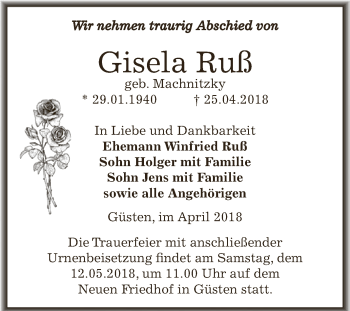 Traueranzeige von Gisela Ruß von Super Sonntag Bernburg