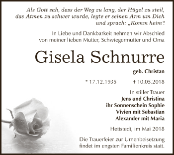 Traueranzeige von Gisela Schnurre von Super Sonntag SGH Mansf. Land