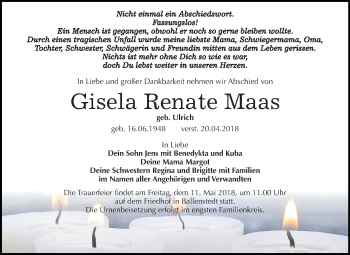 Traueranzeige von Gisela Renate Maas von Mitteldeutsche Zeitung Quedlinburg