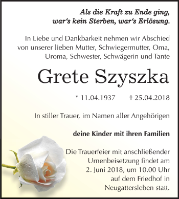 Traueranzeige von Grete Szyszka von Mitteldeutsche Zeitung Bernburg