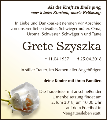 Traueranzeige von Grete Szyszka von Super Sonntag Bernburg