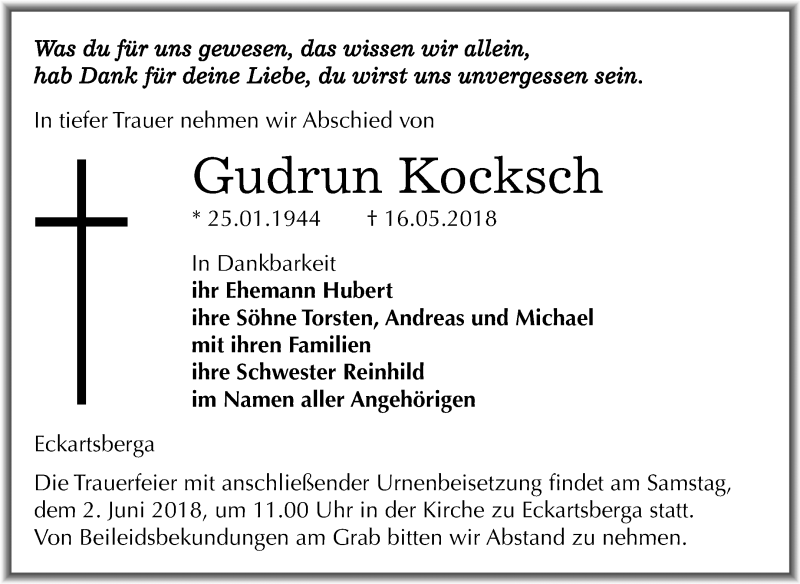  Traueranzeige für Gudrun Kocksch vom 19.05.2018 aus Mitteldeutsche Zeitung