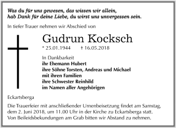Traueranzeige von Gudrun Kocksch von Mitteldeutsche Zeitung