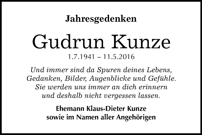  Traueranzeige für Gudrun Kunze vom 11.05.2018 aus Mitteldeutsche Zeitung Dessau-Roßlau