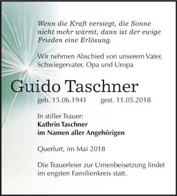 Traueranzeige von Guido Taschner von WVG - Wochenspiegel Merseburg
