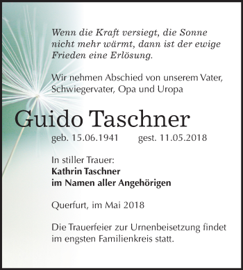 Traueranzeige von Guido Taschner von Mitteldeutsche Zeitung Merseburg/Querfurt