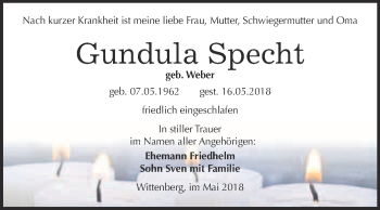 Traueranzeige von Gundula Specht von Super Sonntag Wittenberg