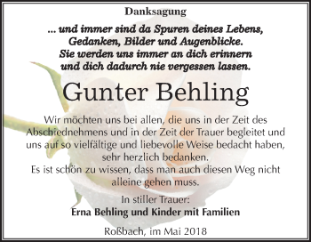 Traueranzeige von Gunter Behling von Mitteldeutsche Zeitung Merseburg/Querfurt