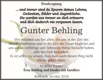 Traueranzeige von Gunter Behling von WVG - Wochenspiegel Merseburg