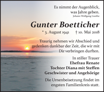 Traueranzeige von Gunter Boetticher von WVG - Wochenspiegel Bitterfeld