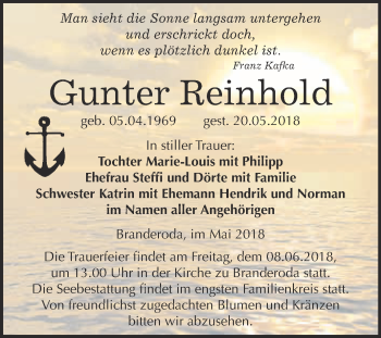 Traueranzeige von Gunter Reinhold von WVG - Wochenspiegel Merseburg