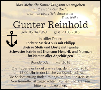 Traueranzeige von Gunter Reinhold von Mitteldeutsche Zeitung Merseburg/Querfurt