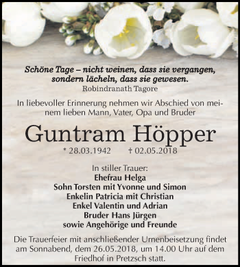 Traueranzeige von Guntram Höpper von WVG - Wochenspiegel Wittenberg