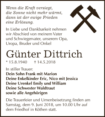 Traueranzeige von Günter Dittrich von WVG - Wochenspiegel Dessau / Köthen