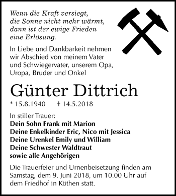 Traueranzeige von Günter Dittrich von Mitteldeutsche Zeitung Köthen