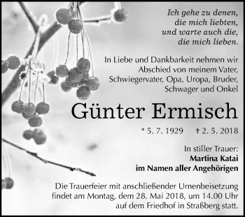 Traueranzeige von Günter Ermisch von WVG - Wochenspiegel Quedlinburg