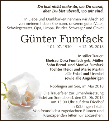 Traueranzeige von Günter Fumfack von Wochenspiegel Mansfelder Land