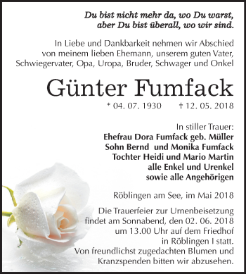 Traueranzeige von Günter Fumfack von Mitteldeutsche Zeitung