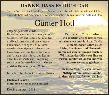 Traueranzeige von Günter Hötl von Super Sonntag Zeitz