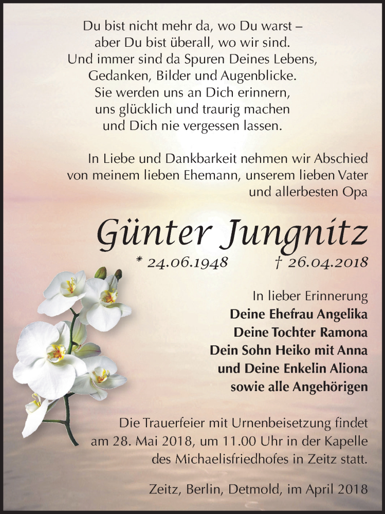  Traueranzeige für Günter Jungnitz vom 05.05.2018 aus Mitteldeutsche Zeitung Zeitz