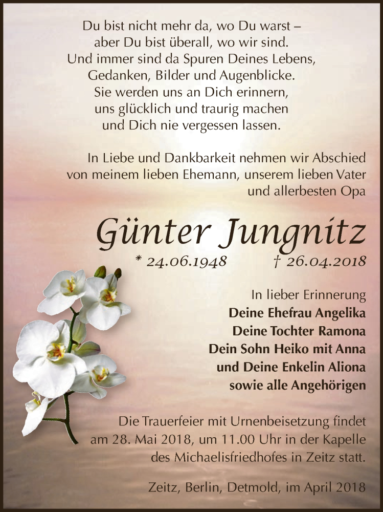  Traueranzeige für Günter Jungnitz vom 05.05.2018 aus Super Sonntag Zeitz
