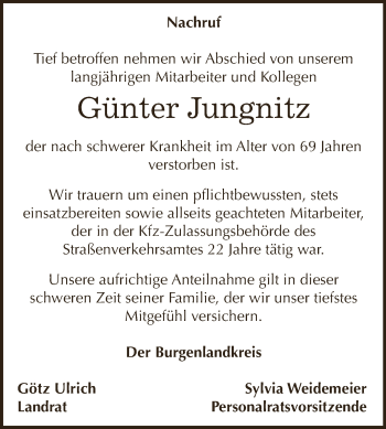 Traueranzeige von Günter Jungnitz von WVG - Wochenspiegel NMB / WSF / ZTZ