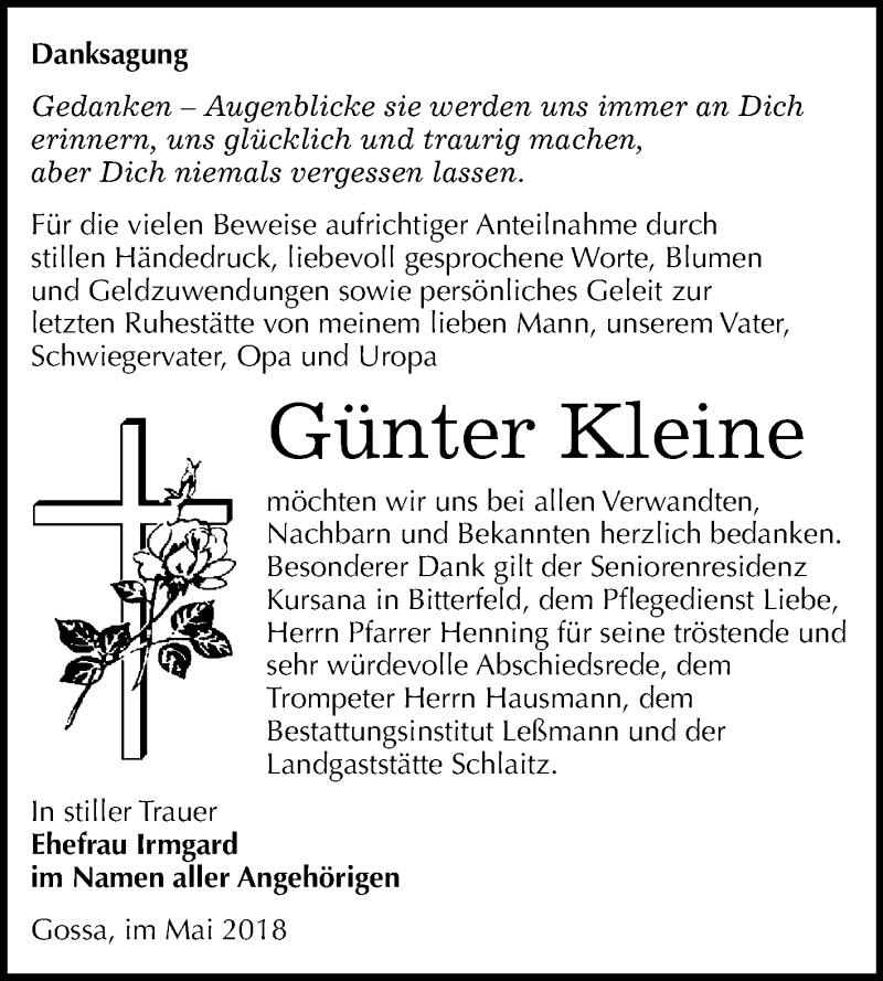  Traueranzeige für Günter Kleine vom 16.05.2018 aus WVG - Wochenspiegel Bitterfeld