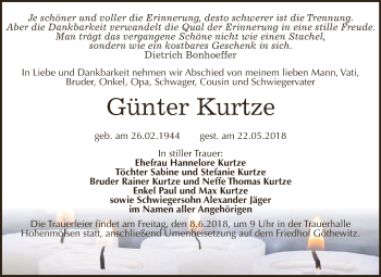 Traueranzeige von Günter Kurtze von WVG - Wochenspiegel NMB / WSF / ZTZ