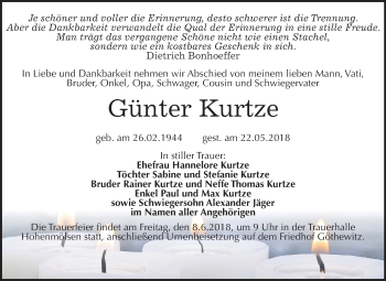 Traueranzeige von Günter Kurtze von Mitteldeutsche Zeitung Weißenfels