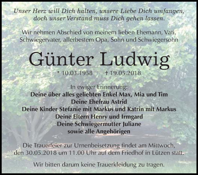  Traueranzeige für Günter Ludwig vom 26.05.2018 aus Mitteldeutsche Zeitung